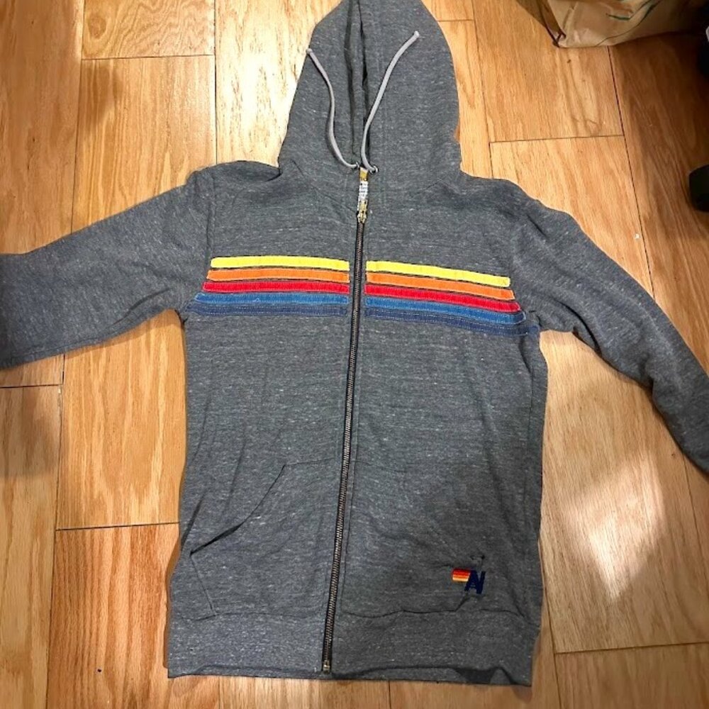 Aviator Nation Gray Hoodie with Rainbow Stripes